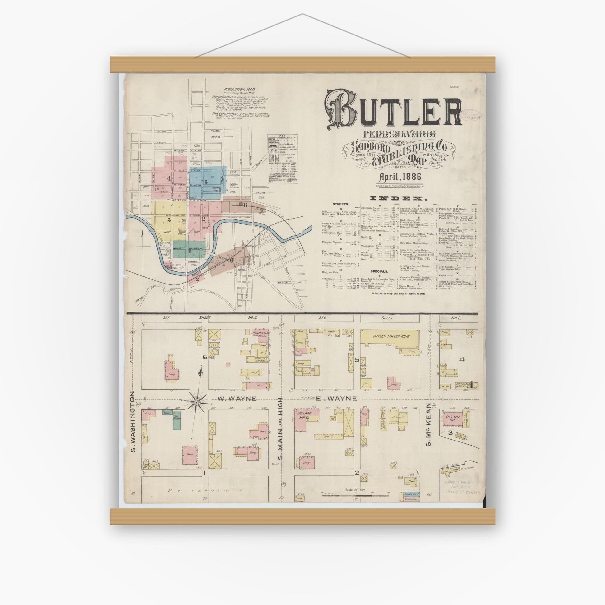 Old map wall art mockup — magnetic wood frame on white wall — Sanborn Fire Insurance Map from Butler, Butler County, Pennsylvania (1886) - Complete Map Set