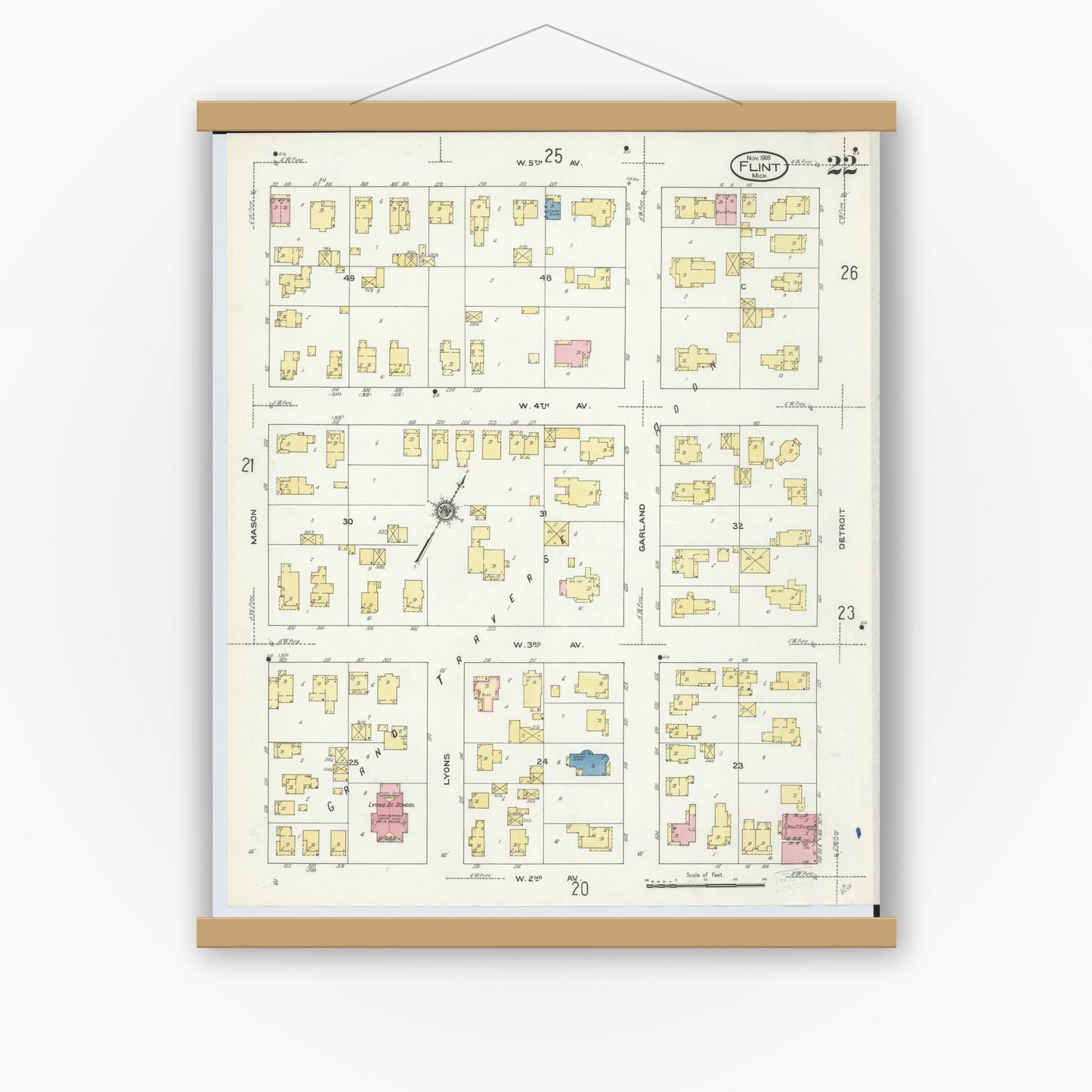 Old map wall art mockup — magnetic wood frame on white wall — Sanborn Fire Insurance Map from Flint, Genesee County, Michigan (1909), Sheet #0022