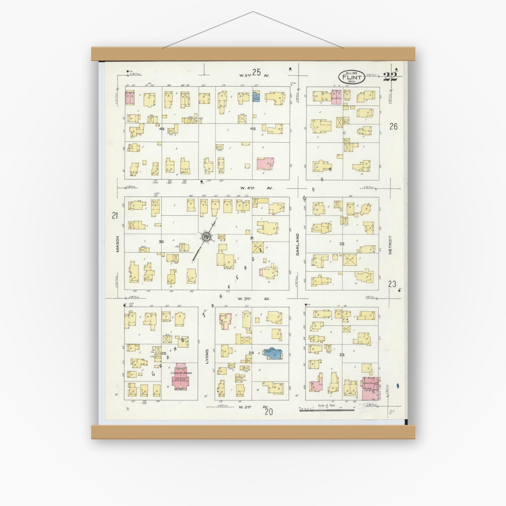 Old map wall art mockup — magnetic wood frame on white wall — Sanborn Fire Insurance Map from Flint, Genesee County, Michigan (1909), Sheet #0022