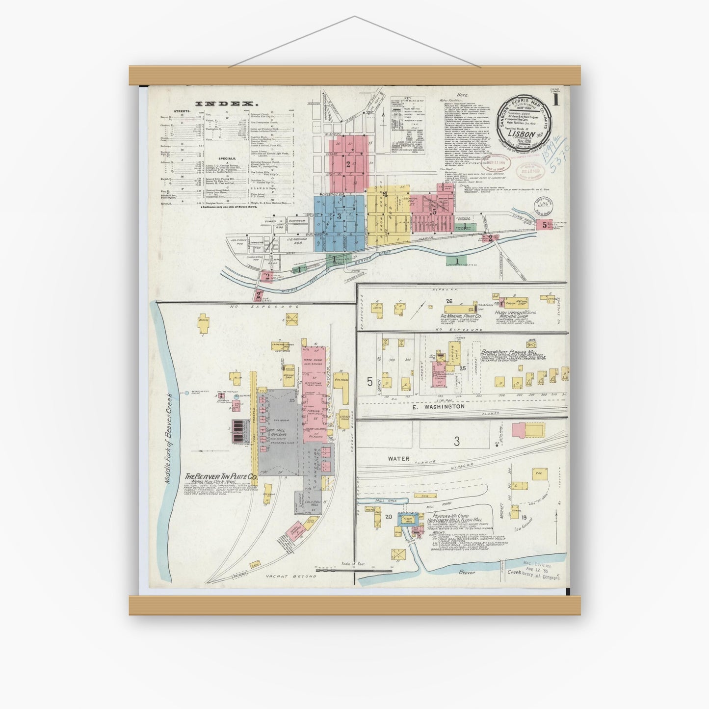 Old map wall art mockup — magnetic wood frame on white wall — Sanborn Fire Insurance Map from Lisbon, Columbiana County, Ohio (1898) - Complete Map Set