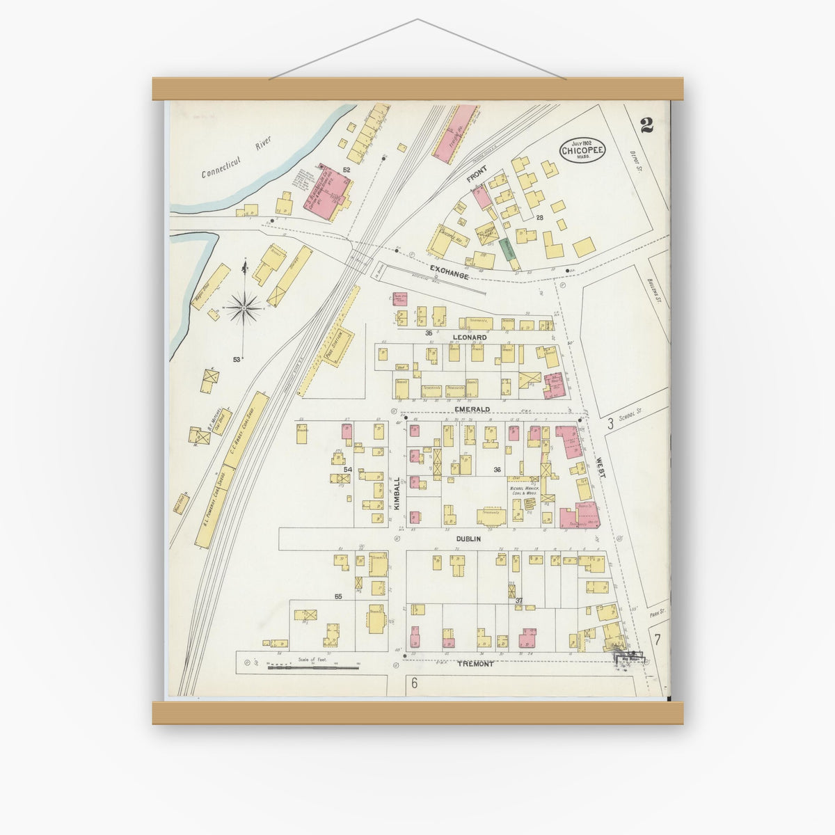 Old map wall art mockup — magnetic wood frame on white wall — Sanborn Fire Insurance Map from Chicopee, Hampden County, Massachusetts (1902), Sheet #0002