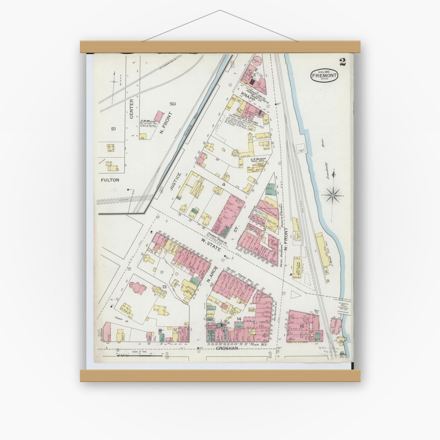 Old map wall art mockup — magnetic wood frame on white wall — Sanborn Fire Insurance Map from Fremont, Sandusky County, Ohio (1893), Sheet #0002
