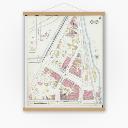 Old map wall art mockup — magnetic wood frame on white wall — Sanborn Fire Insurance Map from Fremont, Sandusky County, Ohio (1893), Sheet #0002