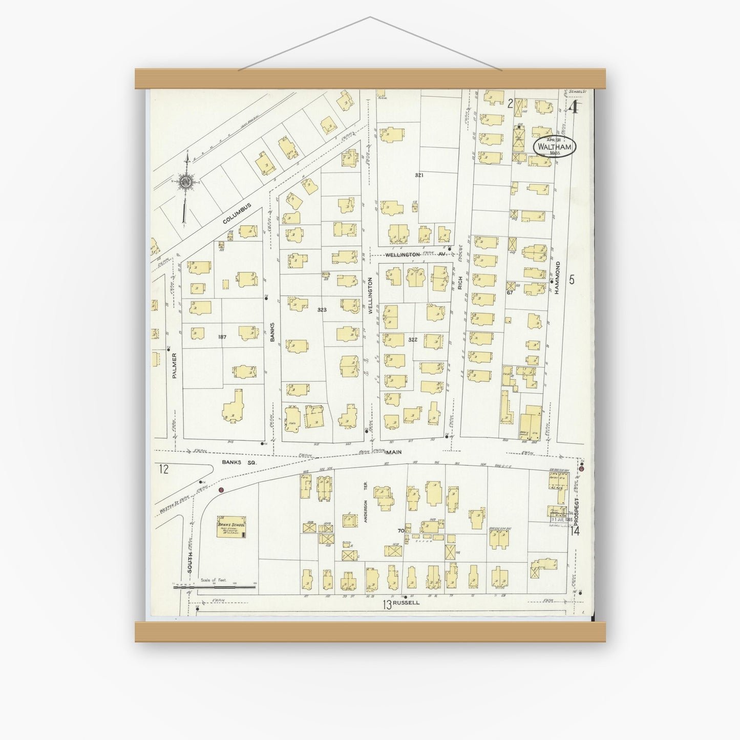 Old map wall art mockup — magnetic wood frame on white wall — Sanborn Fire Insurance Map from Waltham, Middlesex County, Massachusetts (1911), Sheet #0004