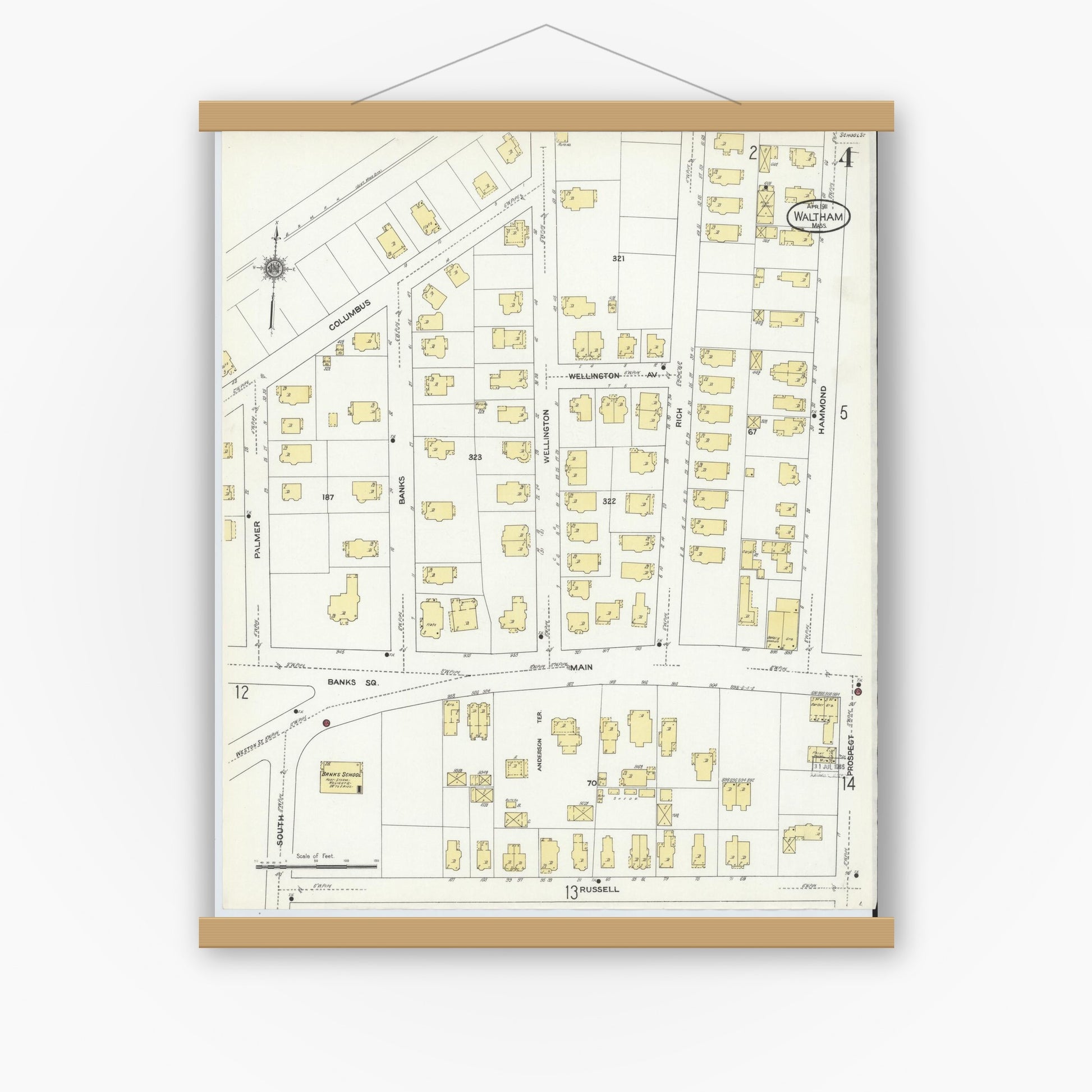 Old map wall art mockup — magnetic wood frame on white wall — Sanborn Fire Insurance Map from Waltham, Middlesex County, Massachusetts (1911), Sheet #0004