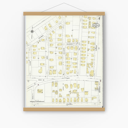 Old map wall art mockup — magnetic wood frame on white wall — Sanborn Fire Insurance Map from Waltham, Middlesex County, Massachusetts (1911), Sheet #0004