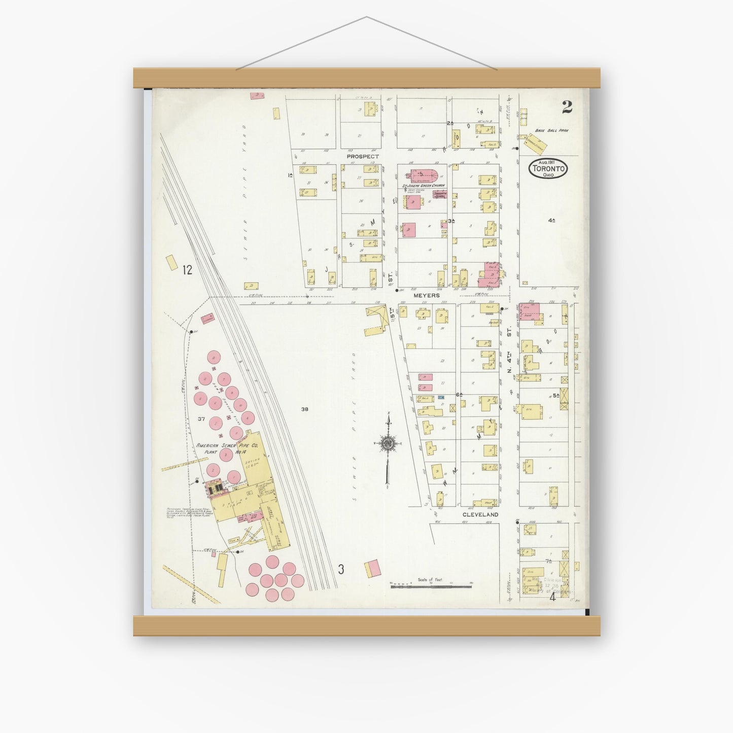Old map wall art mockup — magnetic wood frame on white wall — Sanborn Fire Insurance Map from Toronto, Jefferson County, Ohio (1911), Sheet #0002