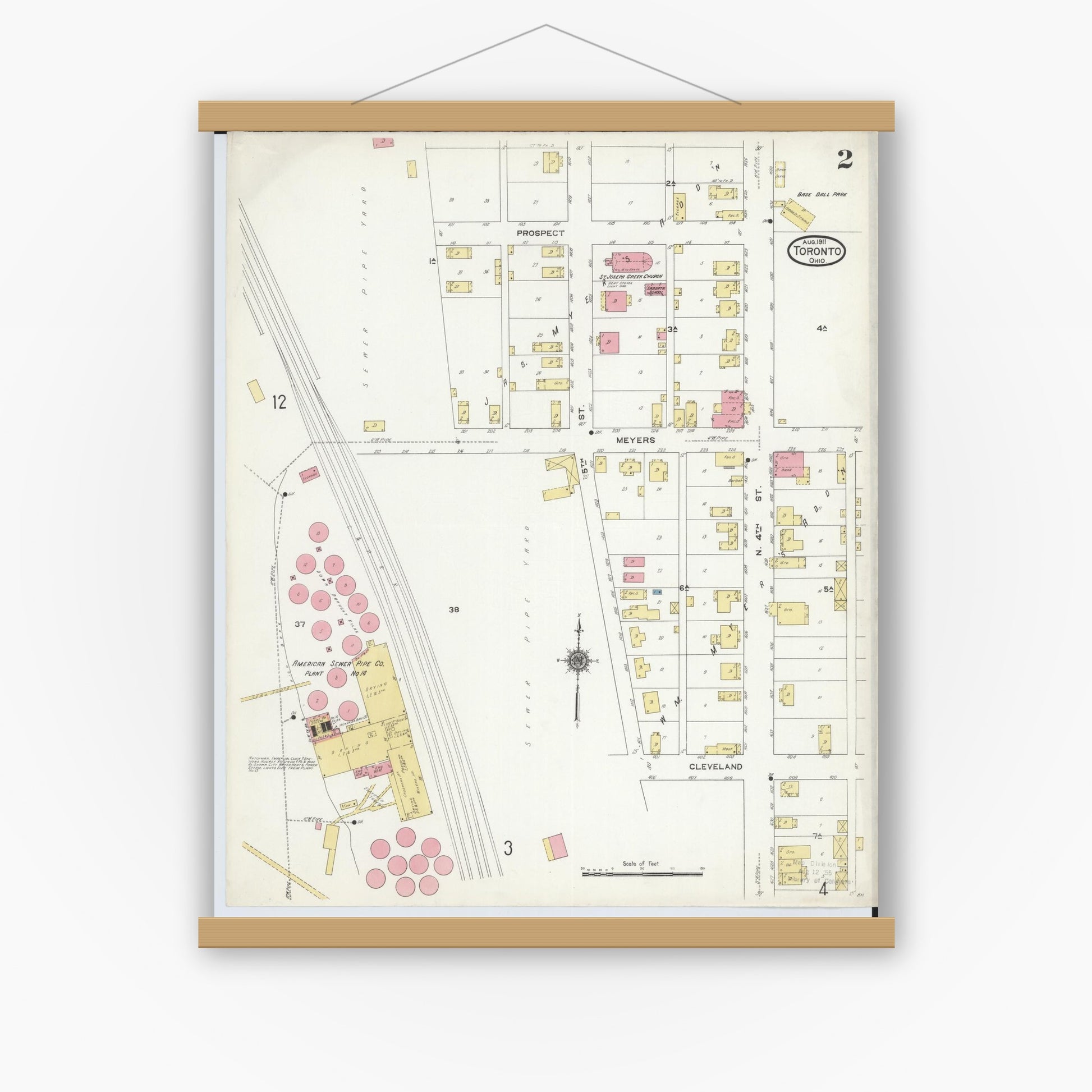 Old map wall art mockup — magnetic wood frame on white wall — Sanborn Fire Insurance Map from Toronto, Jefferson County, Ohio (1911), Sheet #0002