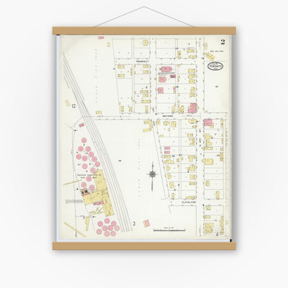Old map wall art mockup — magnetic wood frame on white wall — Sanborn Fire Insurance Map from Toronto, Jefferson County, Ohio (1911), Sheet #0002