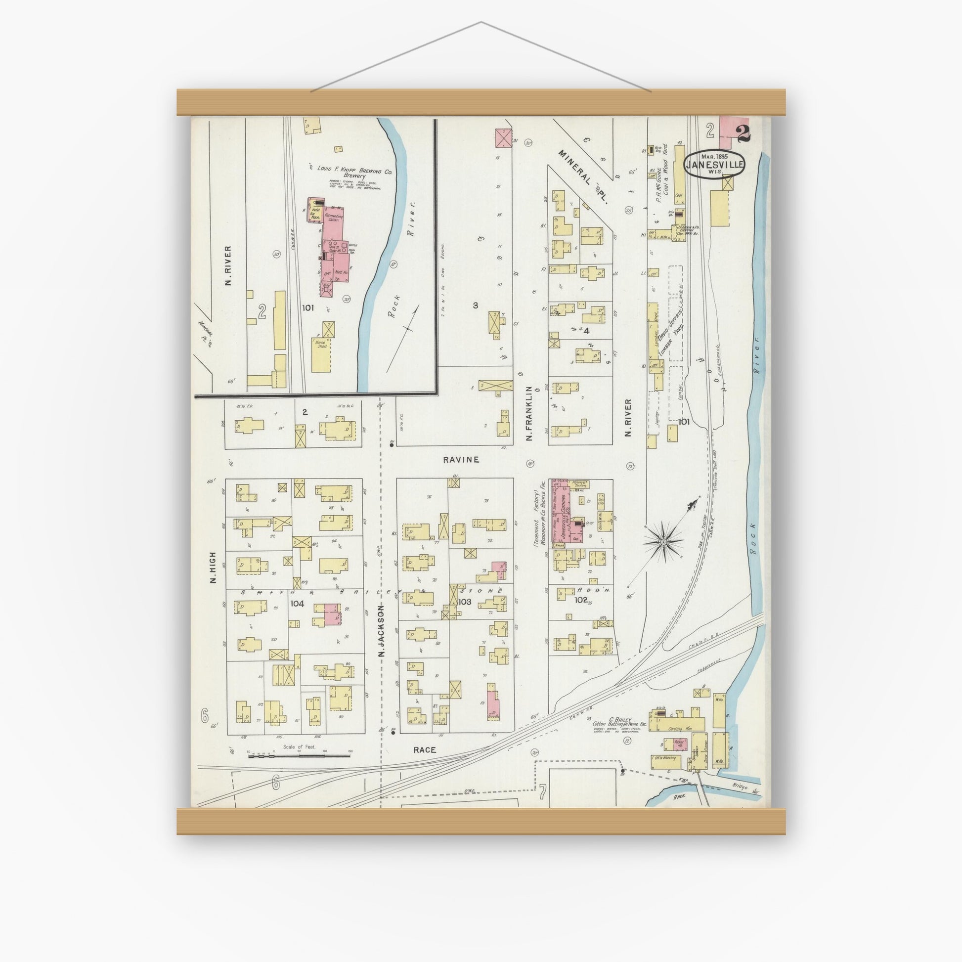 Old map wall art mockup — magnetic wood frame on white wall — Sanborn Fire Insurance Map from Janesville, Rock County, Wisconsin (1895) - Complete Map Set
