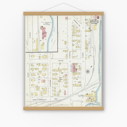 Old map wall art mockup — magnetic wood frame on white wall — Sanborn Fire Insurance Map from Janesville, Rock County, Wisconsin (1895) - Complete Map Set