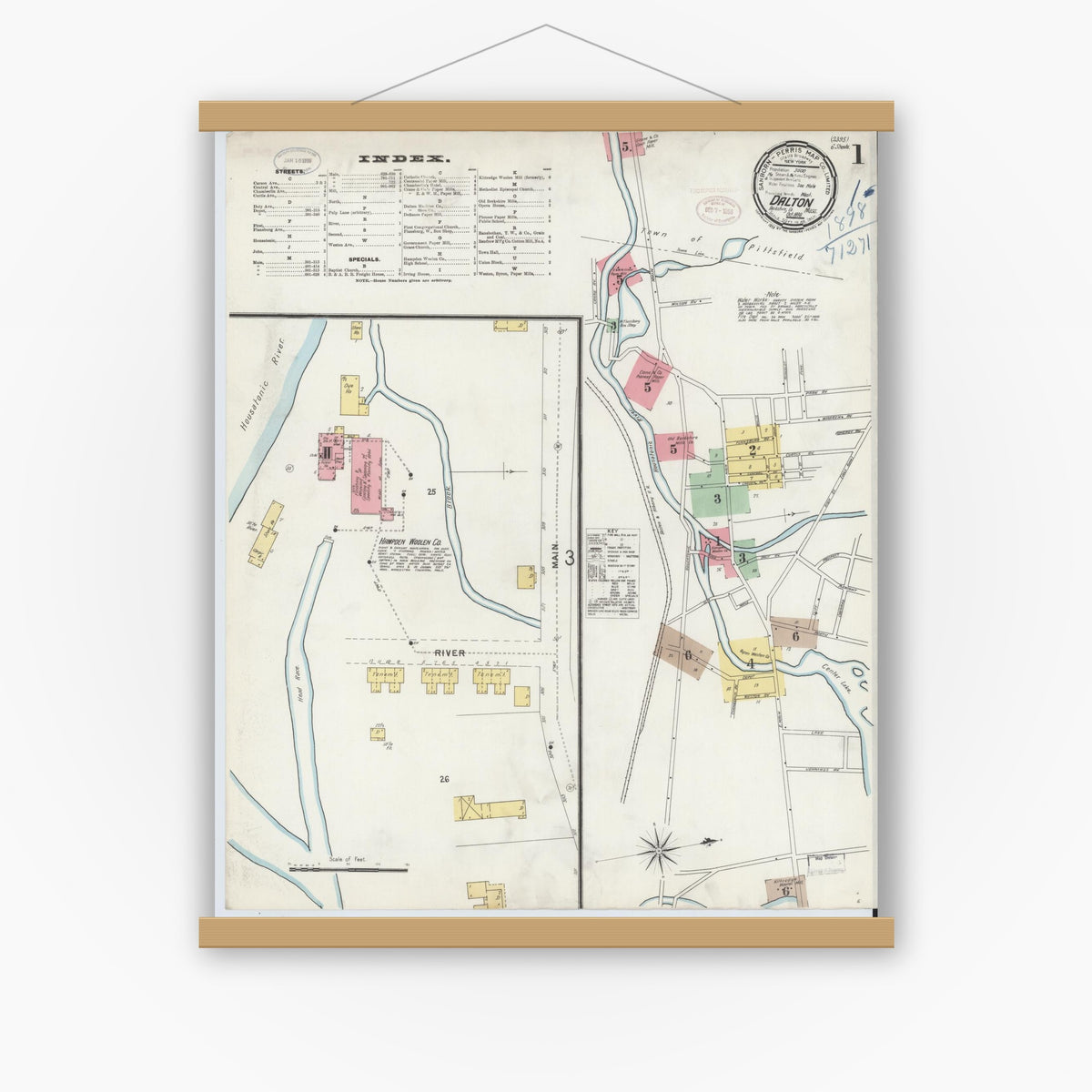Old map wall art mockup — magnetic wood frame on white wall — Sanborn Fire Insurance Map from Dalton, Berkshire County, Massachusetts (1898) - Complete Map Set