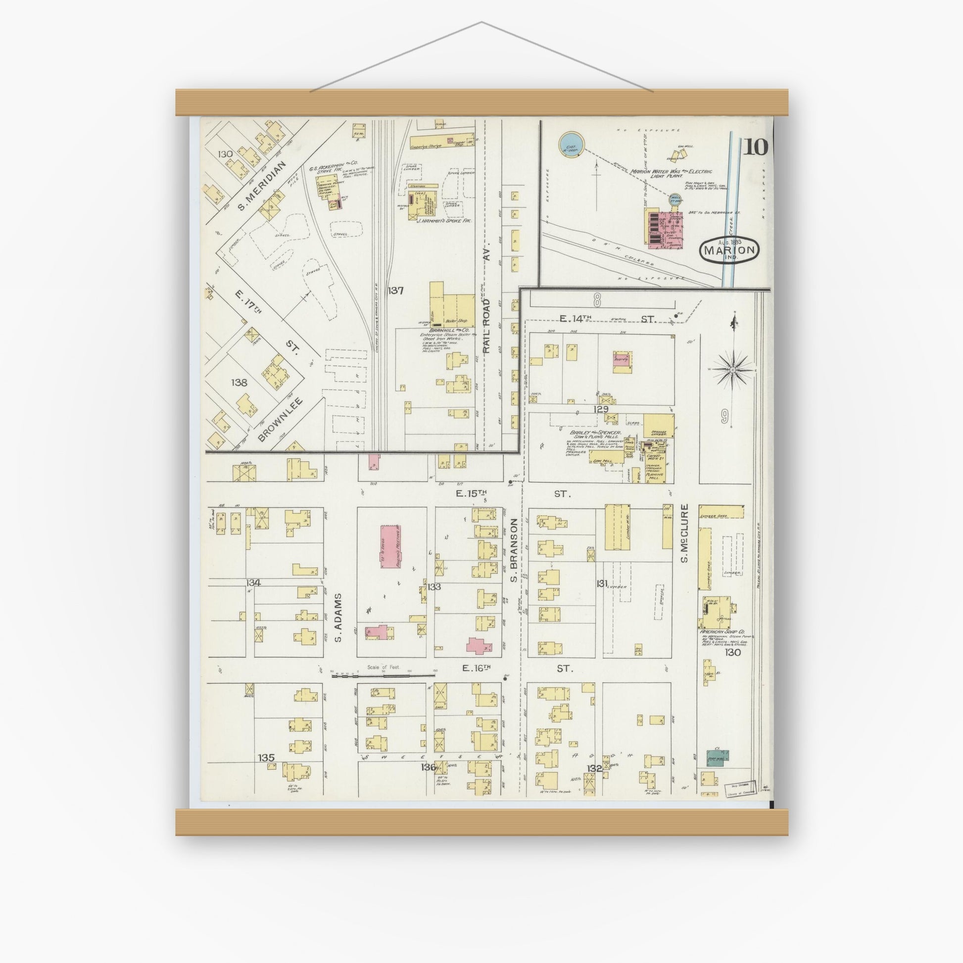 Old map wall art mockup — magnetic wood frame on white wall — Sanborn Fire Insurance Map from Marion, Grant County, Indiana (1893), Sheet #0010