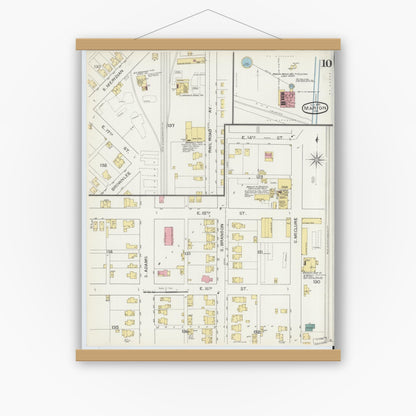 Old map wall art mockup — magnetic wood frame on white wall — Sanborn Fire Insurance Map from Marion, Grant County, Indiana (1893), Sheet #0010