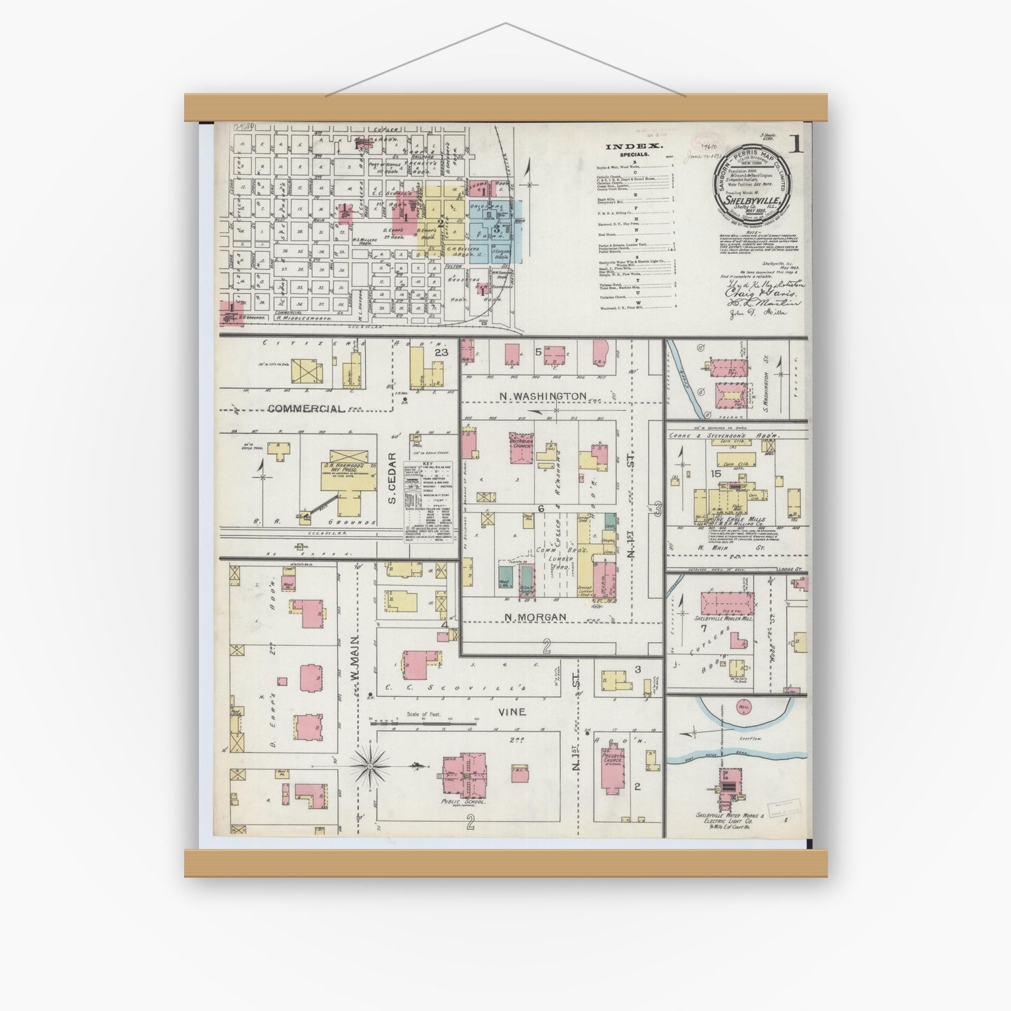 Old map wall art mockup — magnetic wood frame on white wall — Sanborn Fire Insurance Map from Shelbyville, Shelby County, Illinois (1893), Sheet #0001