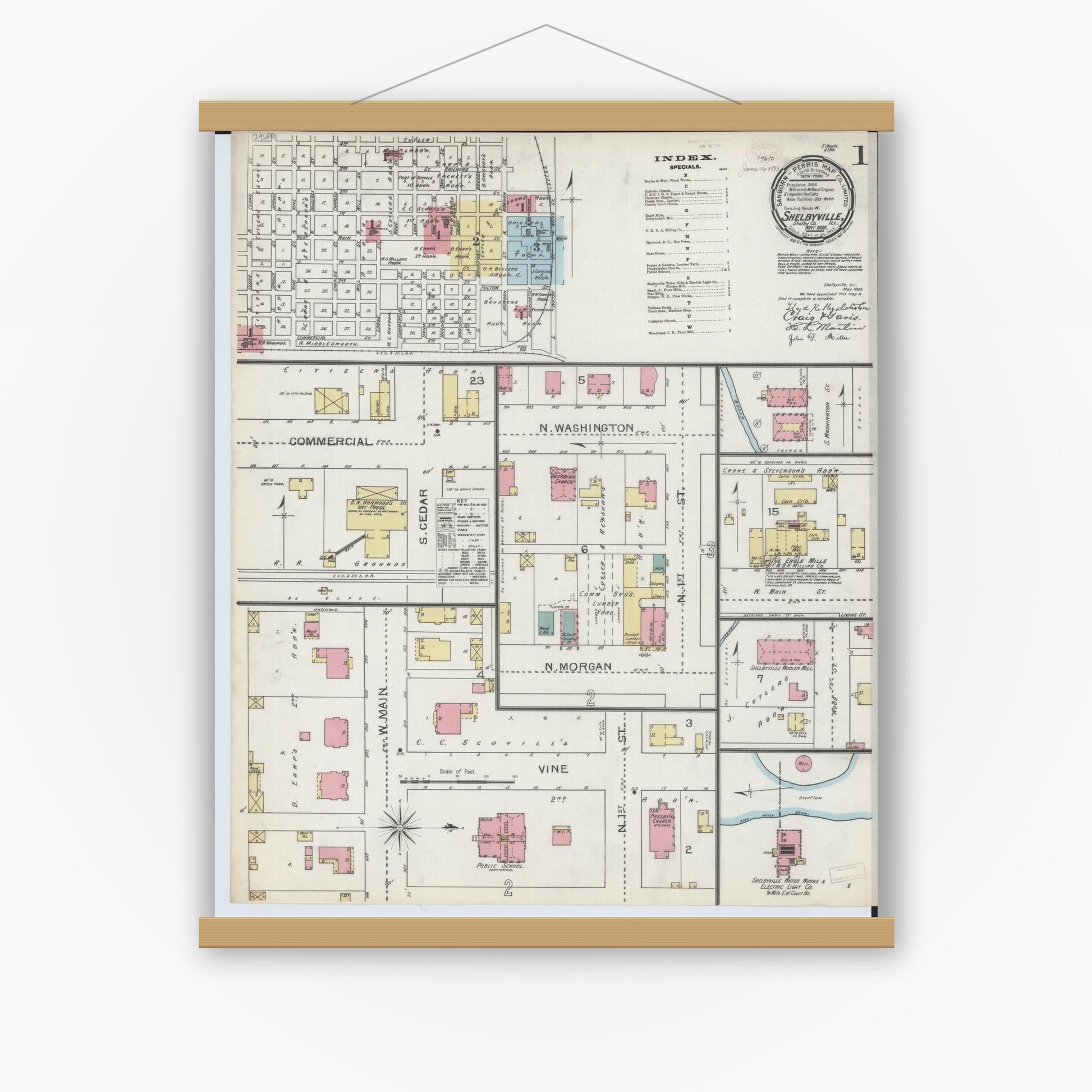 Old map wall art mockup — magnetic wood frame on white wall — Sanborn Fire Insurance Map from Shelbyville, Shelby County, Illinois (1893), Sheet #0001