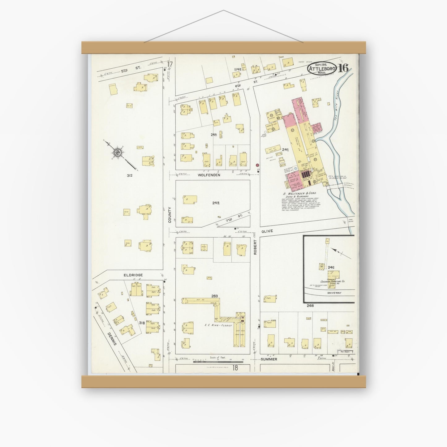 Old map wall art mockup — magnetic wood frame on white wall — Sanborn Fire Insurance Map from Attleboro, Bristol County, Massachusetts (1916), Sheet #0016