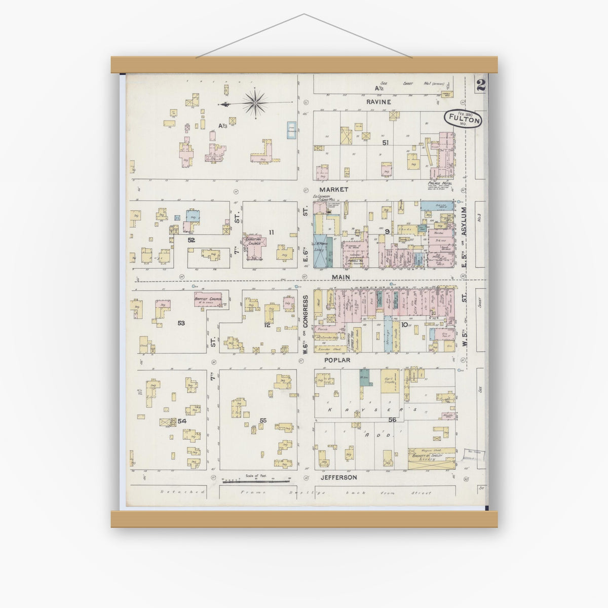 Old map wall art mockup — magnetic wood frame on white wall — Sanborn Fire Insurance Map from Fulton, Callaway County, Missouri (1890), Sheet #0002