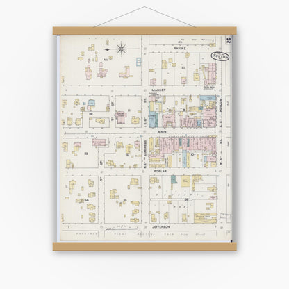 Old map wall art mockup — magnetic wood frame on white wall — Sanborn Fire Insurance Map from Fulton, Callaway County, Missouri (1890), Sheet #0002