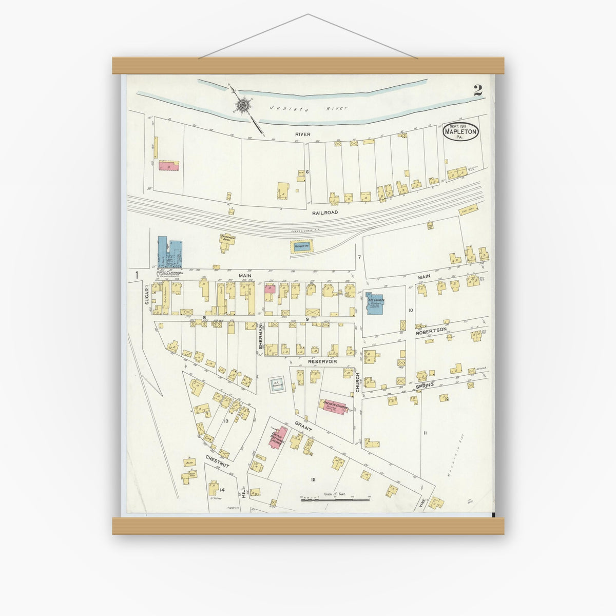 Old map wall art mockup — magnetic wood frame on white wall — Sanborn Fire Insurance Map from Mapleton, Huntingdon County, Pennsylvania (1911), Sheet #0002