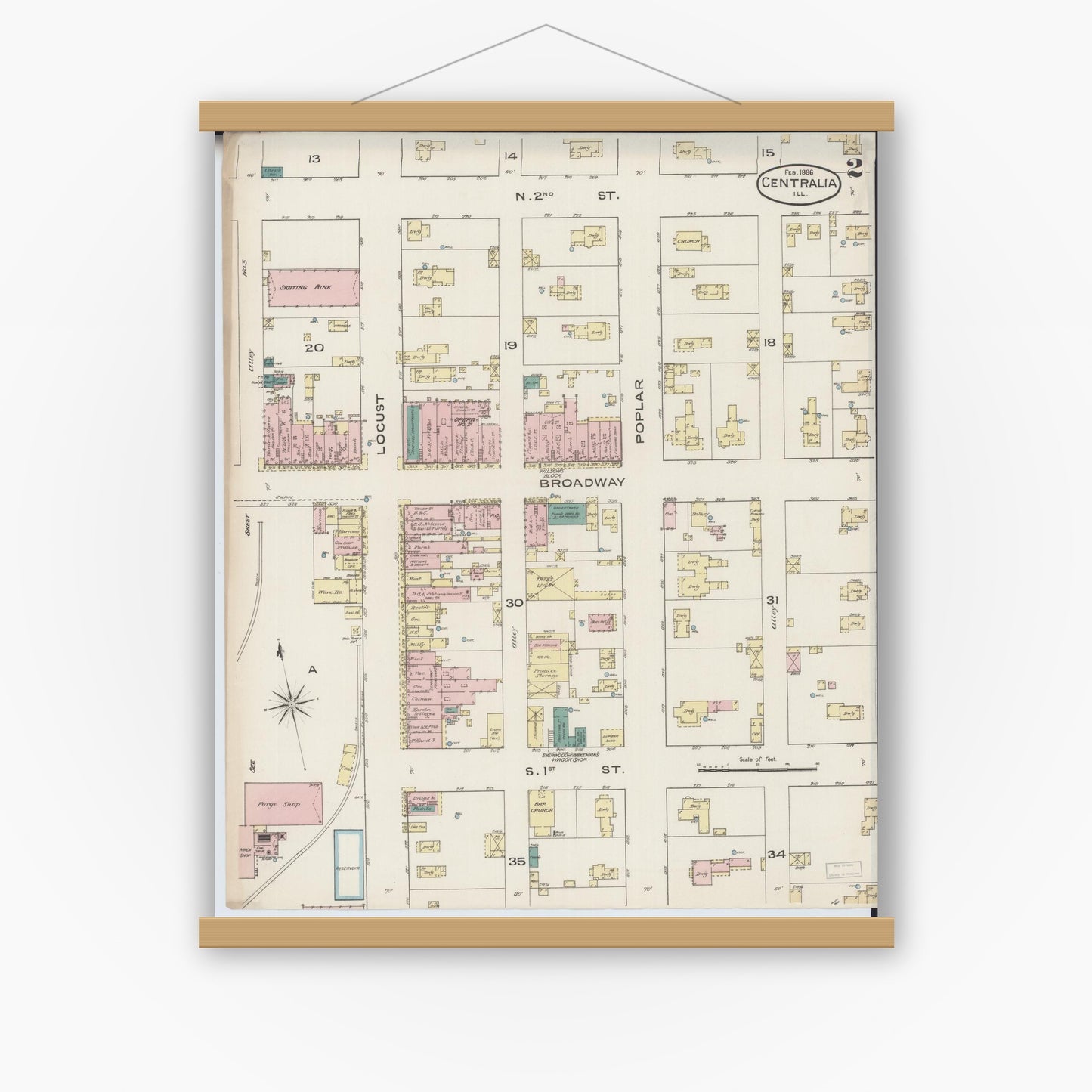 Old map wall art mockup — magnetic wood frame on white wall — Sanborn Fire Insurance Map from Centralia, Marion, Clinton, Jefferson, and Washington Counties, Illinois (1886), Sheet #0002