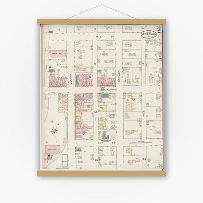 Old map wall art mockup — magnetic wood frame on white wall — Sanborn Fire Insurance Map from Centralia, Marion, Clinton, Jefferson, and Washington Counties, Illinois (1886), Sheet #0002