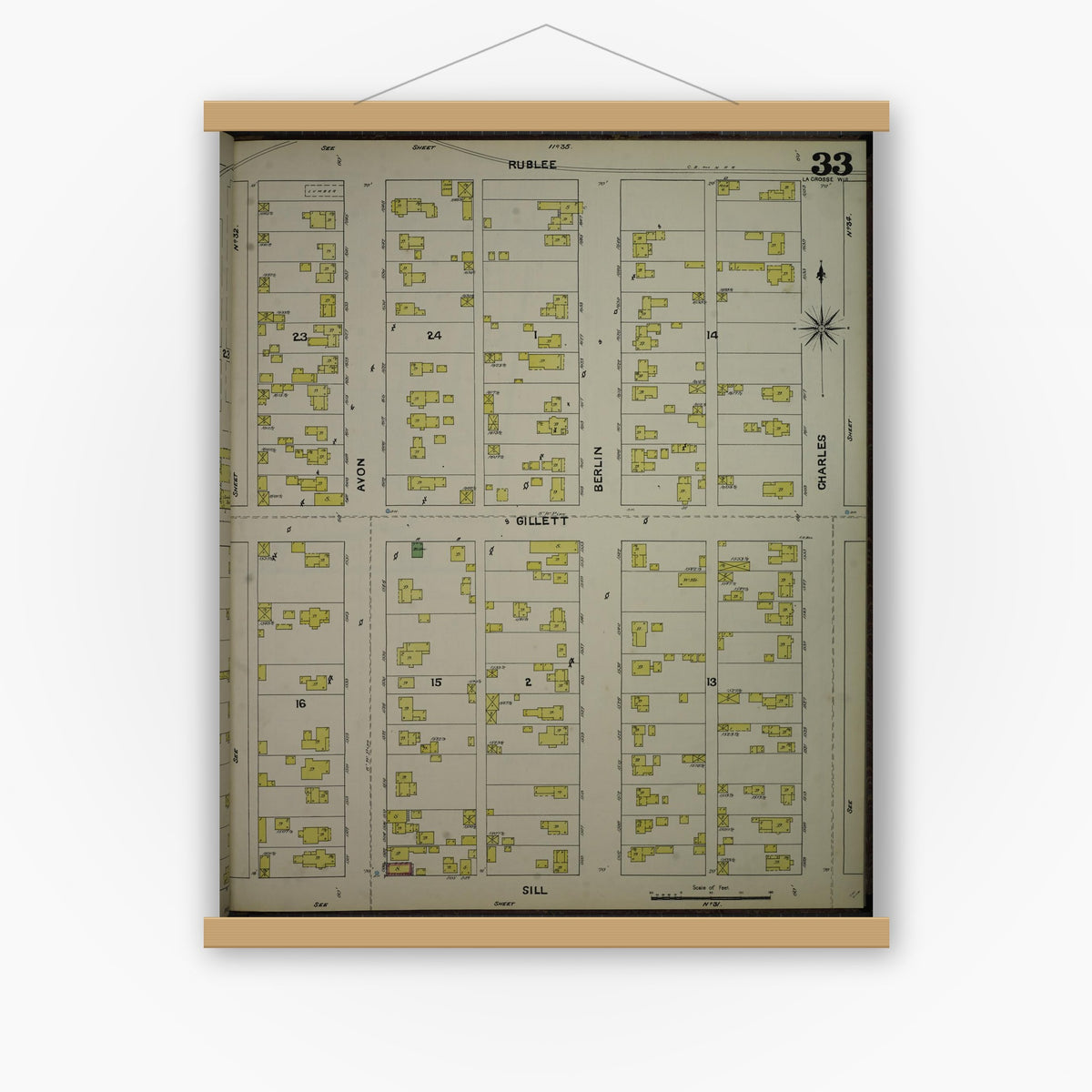 Old map wall art mockup — magnetic wood frame on white wall — Sanborn Fire Insurance Map from La Crosse, La Crosse County, Wisconsin (1891), Sheet #0033