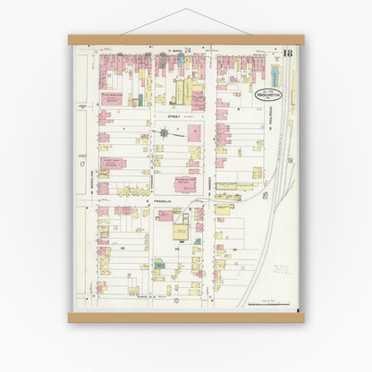 Old map wall art mockup — magnetic wood frame on white wall — Sanborn Fire Insurance Map from Washington, Washington County, Pennsylvania (1909), Sheet #0018