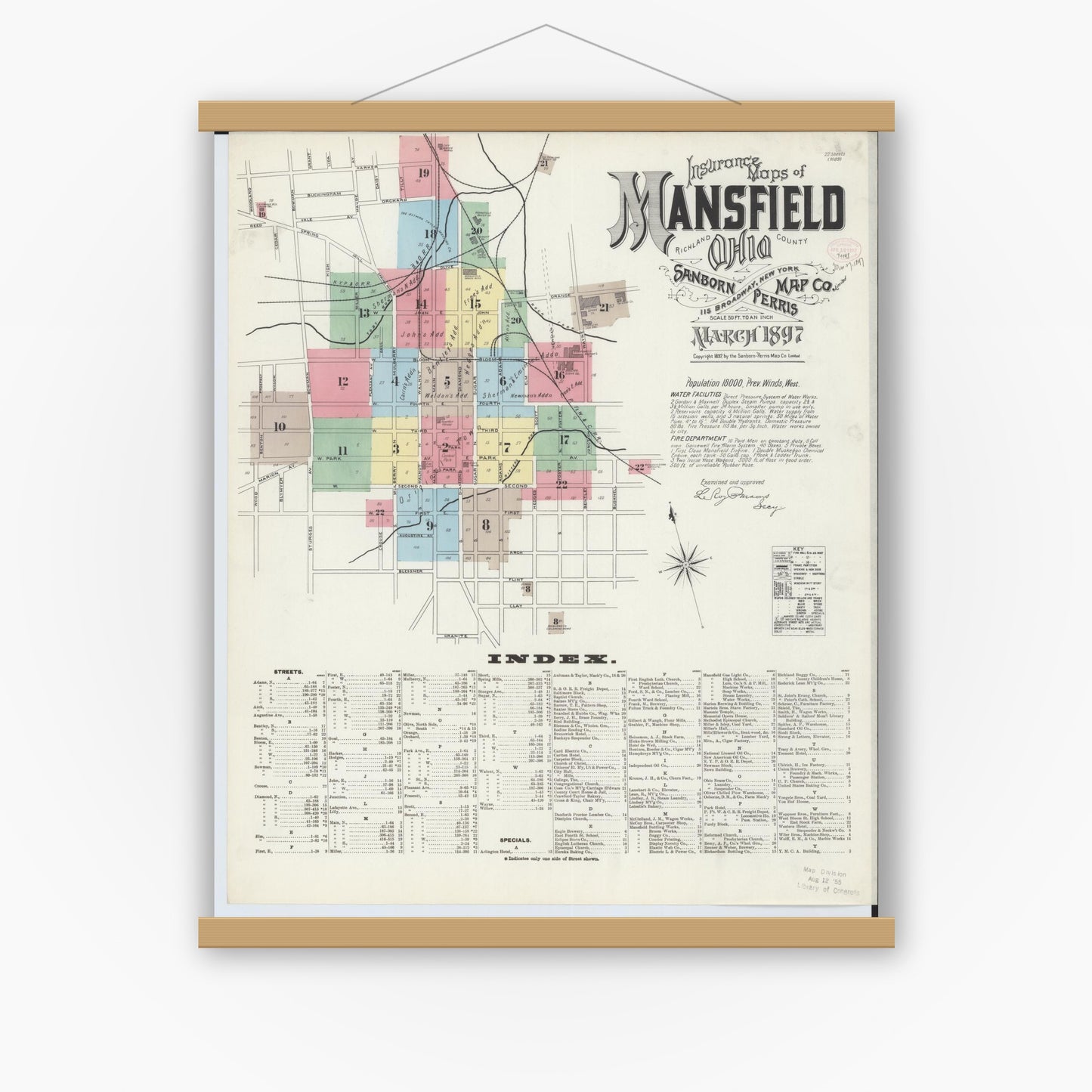 Old map wall art mockup — magnetic wood frame on white wall — Sanborn Fire Insurance Map from Mansfield, Richland County, Ohio (1897), Sheet #0001