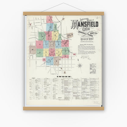 Old map wall art mockup — magnetic wood frame on white wall — Sanborn Fire Insurance Map from Mansfield, Richland County, Ohio (1897), Sheet #0001