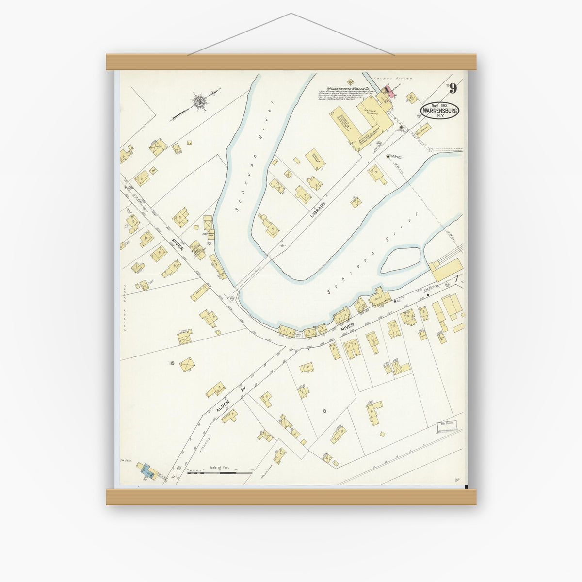 Old map wall art mockup — magnetic wood frame on white wall — Sanborn Fire Insurance Map from Warrensburg, Warren County, New York (1912), Sheet #0009