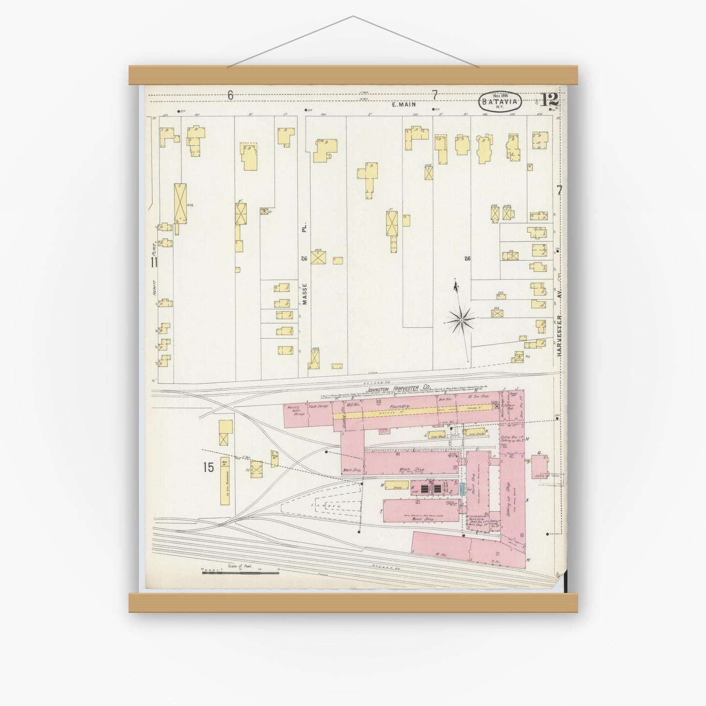 Old map wall art mockup — magnetic wood frame on white wall — Sanborn Fire Insurance Map from Batavia, Genesee County, New York (1896), Sheet #0012