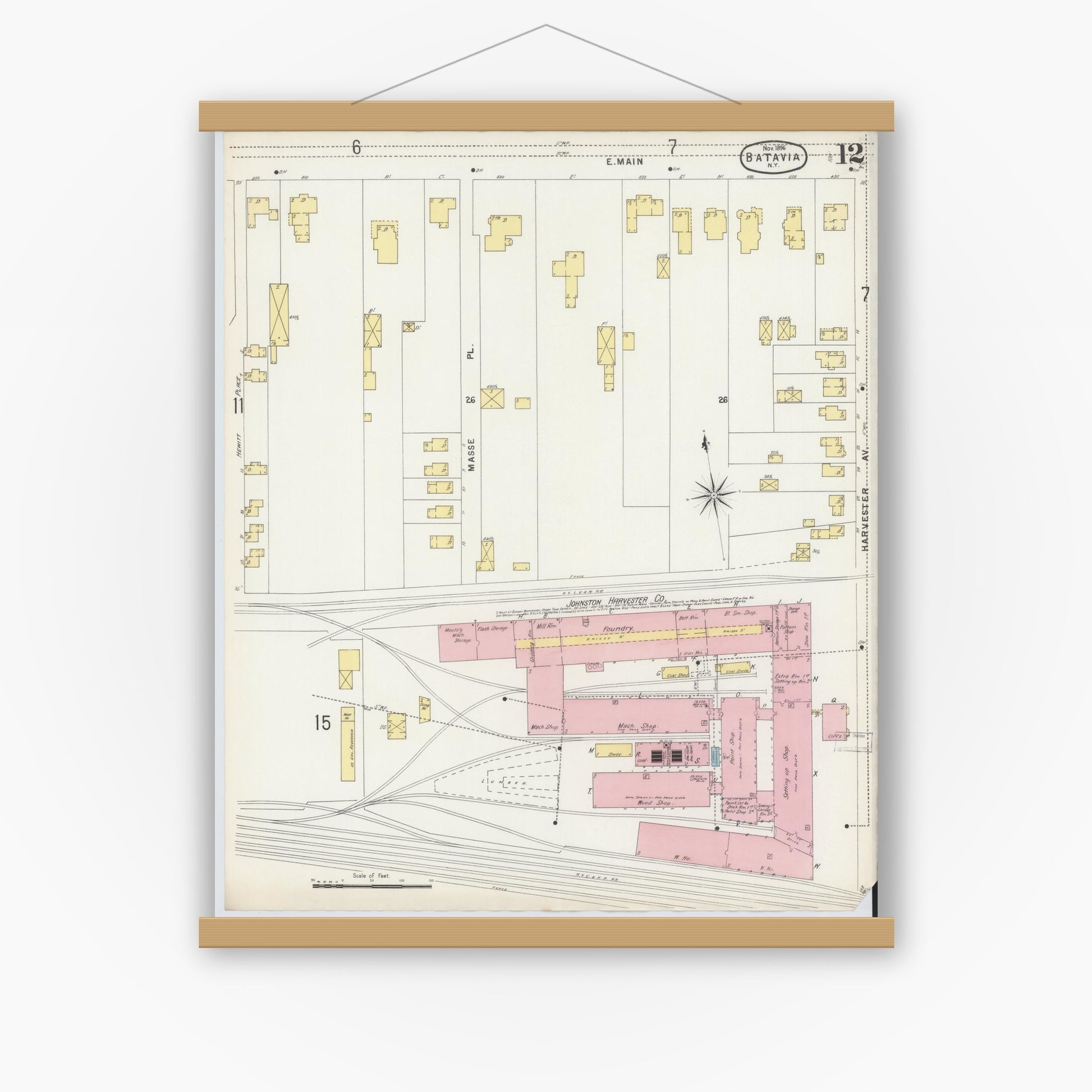 Old map wall art mockup — magnetic wood frame on white wall — Sanborn Fire Insurance Map from Batavia, Genesee County, New York (1896), Sheet #0012