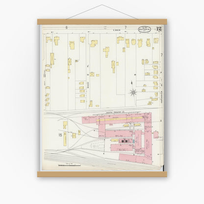 Old map wall art mockup — magnetic wood frame on white wall — Sanborn Fire Insurance Map from Batavia, Genesee County, New York (1896), Sheet #0012