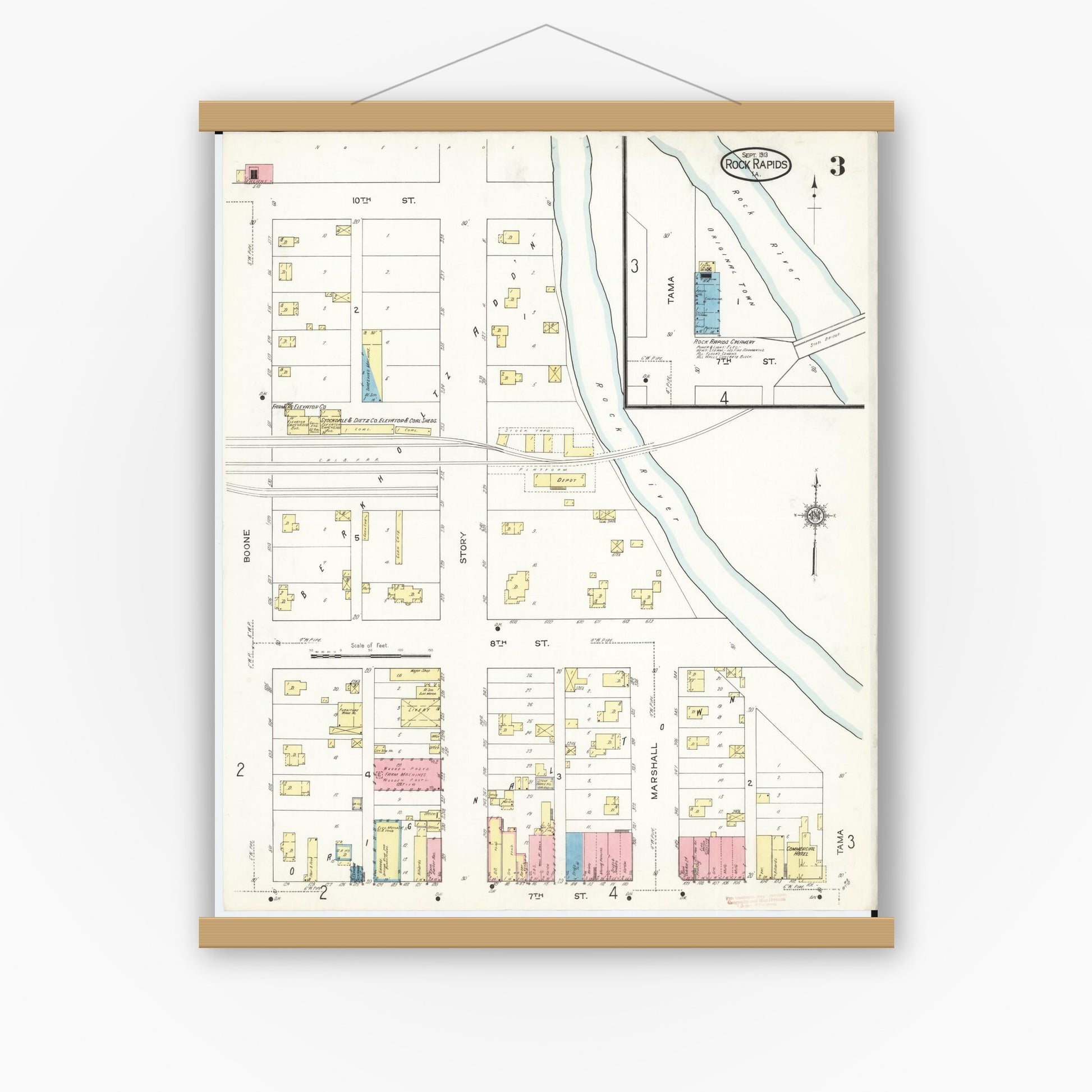 Old map wall art mockup — magnetic wood frame on white wall — Sanborn Fire Insurance Map from Rock Rapids, Lyon County, Iowa (1913), Sheet #0003