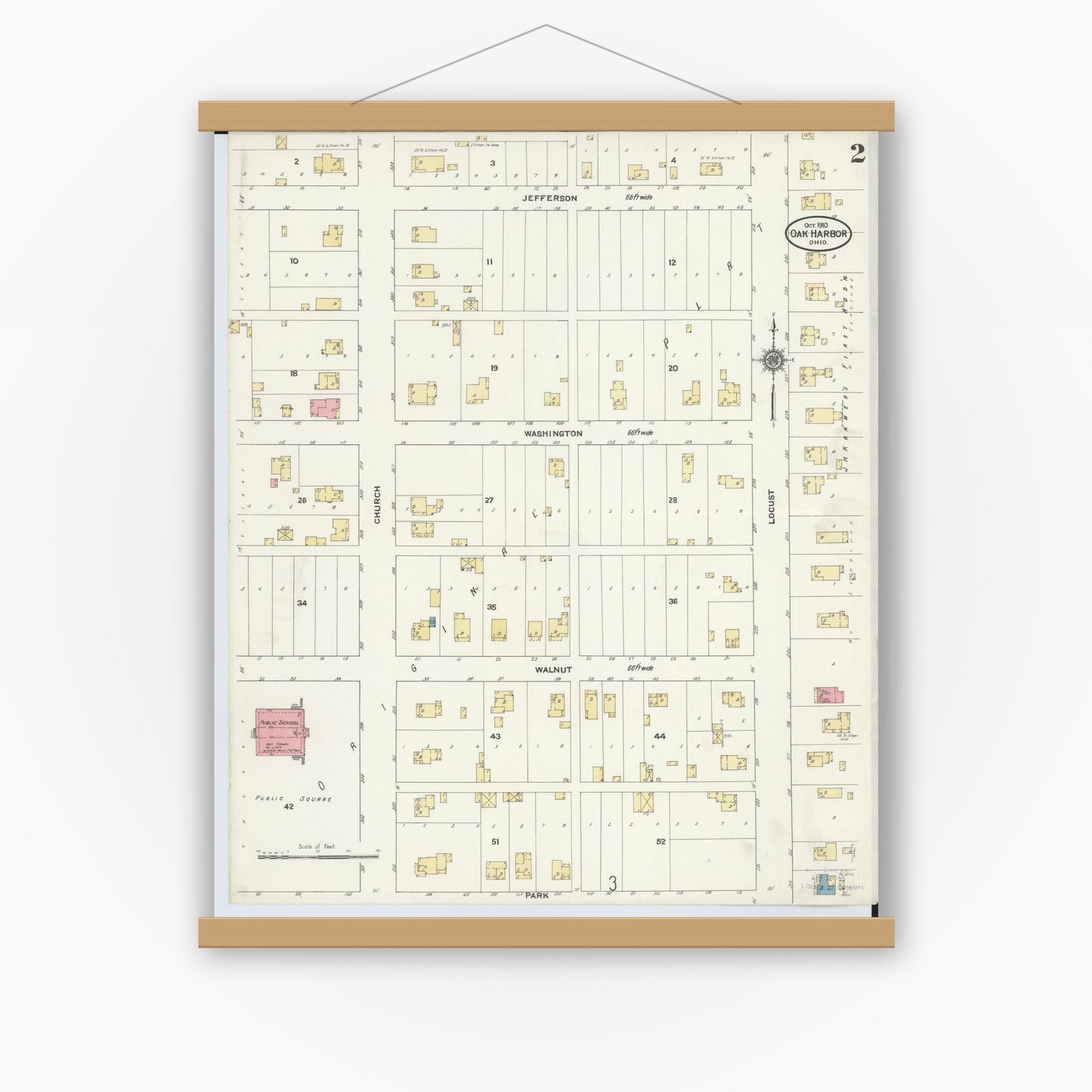 Old map wall art mockup — magnetic wood frame on white wall — Sanborn Fire Insurance Map from Oak Harbor, Ottawa County, Ohio (1910), Sheet #0002