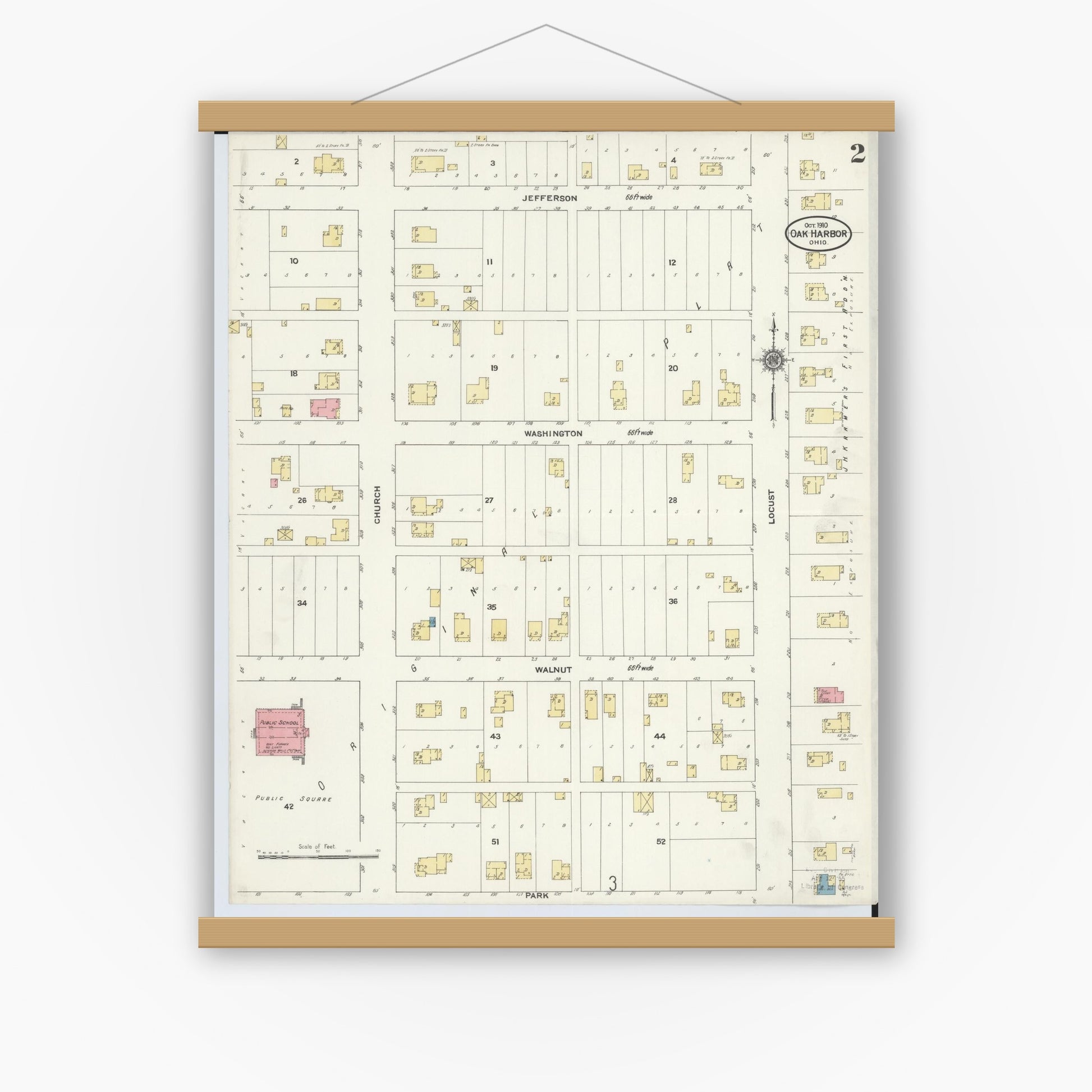 Old map wall art mockup — magnetic wood frame on white wall — Sanborn Fire Insurance Map from Oak Harbor, Ottawa County, Ohio (1910), Sheet #0002