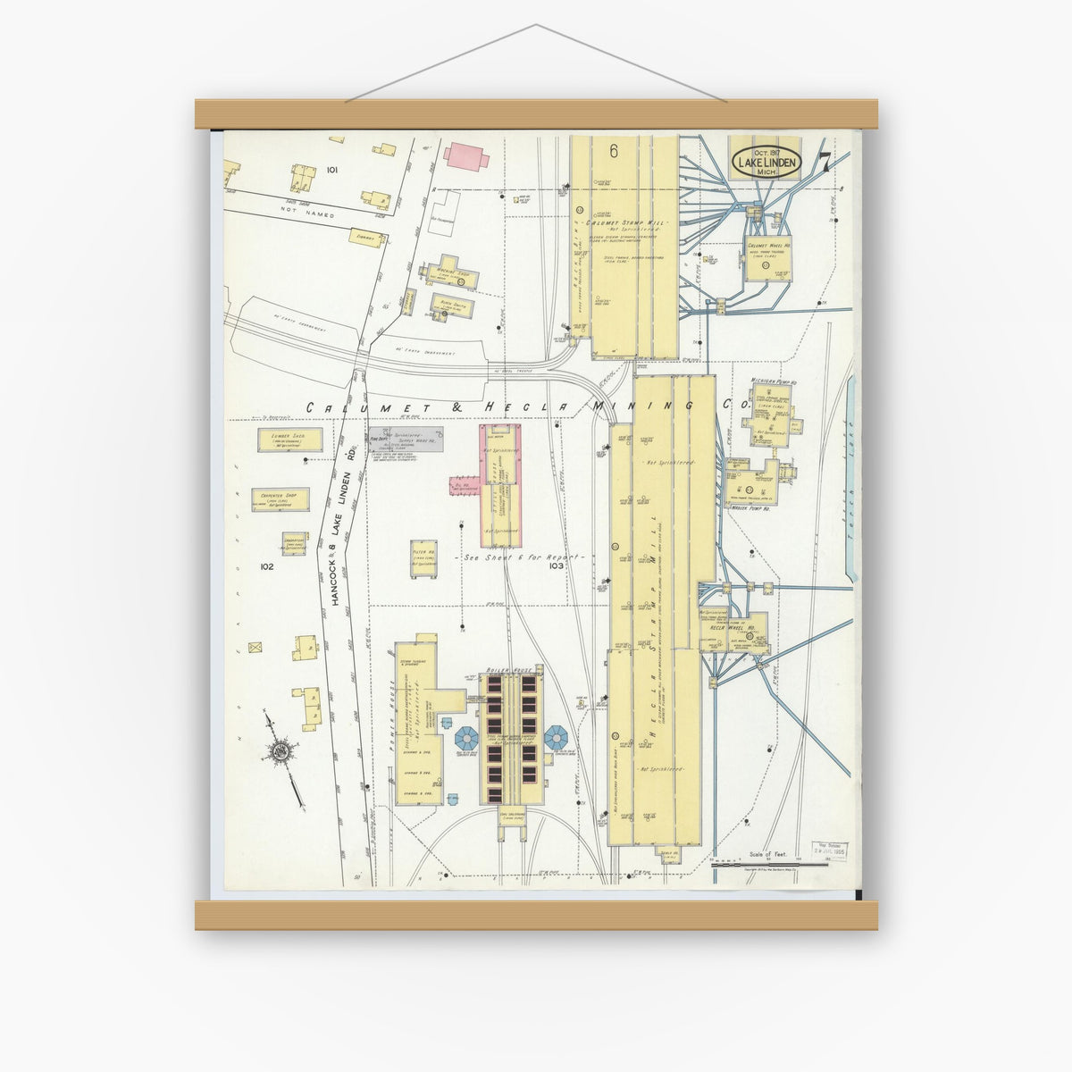 Old map wall art mockup — magnetic wood frame on white wall — Sanborn Fire Insurance Map from Lake Linden, Houghton County, Michigan (1917), Sheet #0007