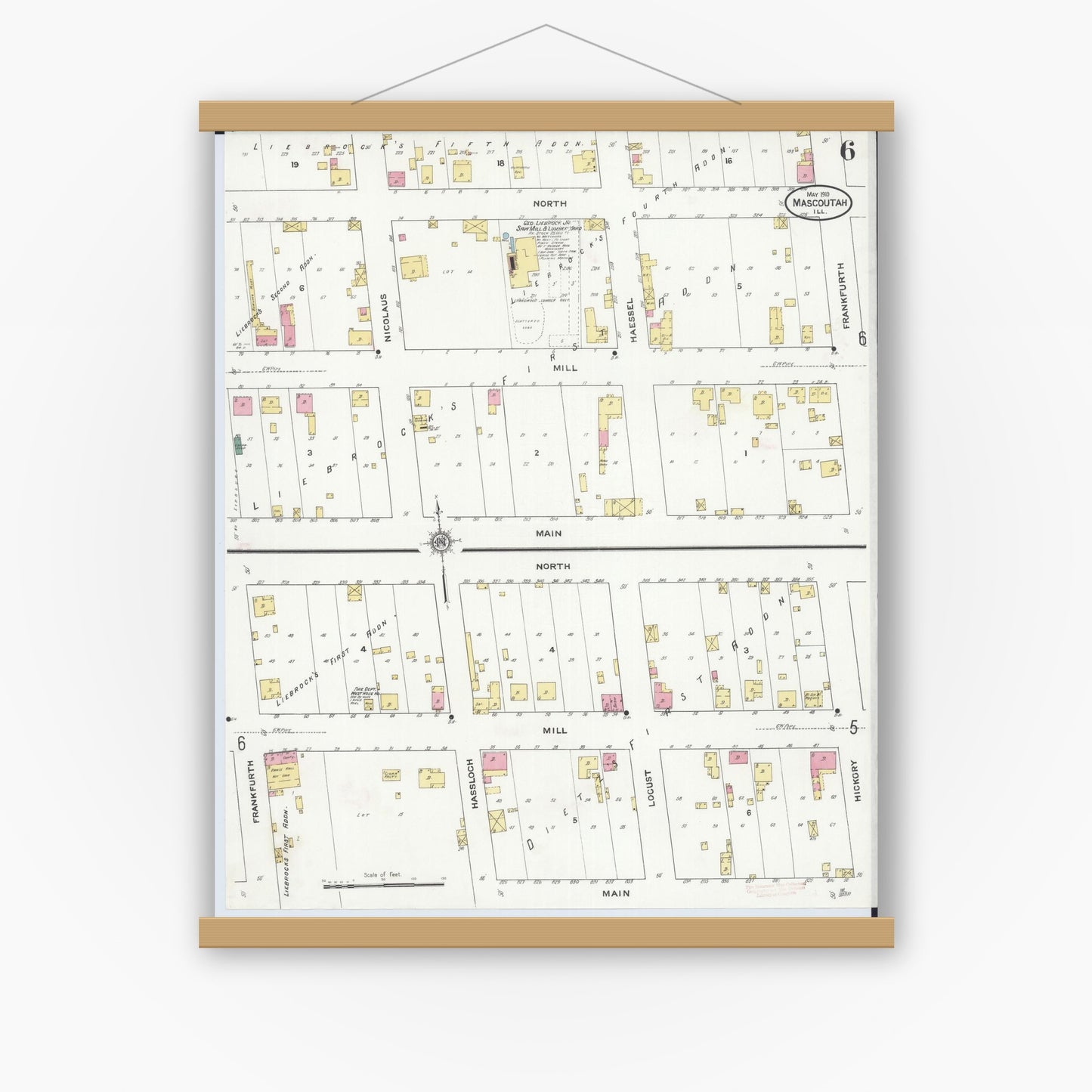 Old map wall art mockup — magnetic wood frame on white wall — Sanborn Fire Insurance Map from Mascoutah, Saint Clair County, Illinois (1910), Sheet #0006