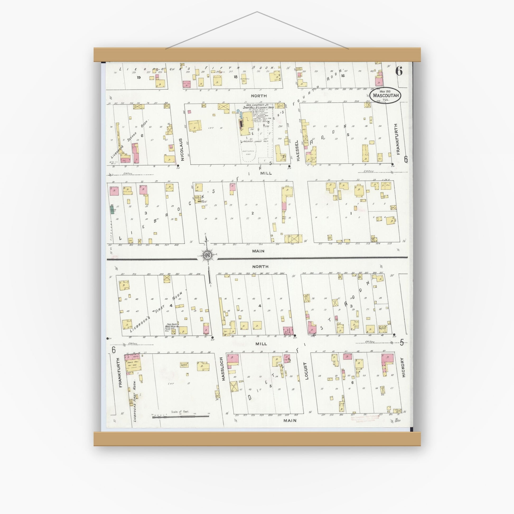 Old map wall art mockup — magnetic wood frame on white wall — Sanborn Fire Insurance Map from Mascoutah, Saint Clair County, Illinois (1910), Sheet #0006