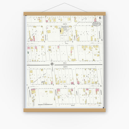 Old map wall art mockup — magnetic wood frame on white wall — Sanborn Fire Insurance Map from Mascoutah, Saint Clair County, Illinois (1910), Sheet #0006