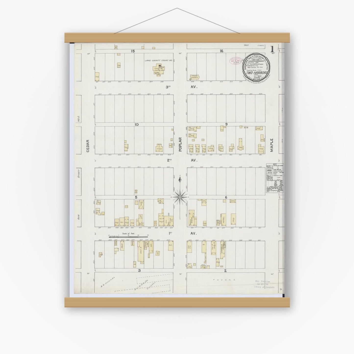 Old map wall art mockup — magnetic wood frame on white wall — Sanborn Fire Insurance Map from Two Harbors, Lake County, Minnesota (1888) - Complete Map Set