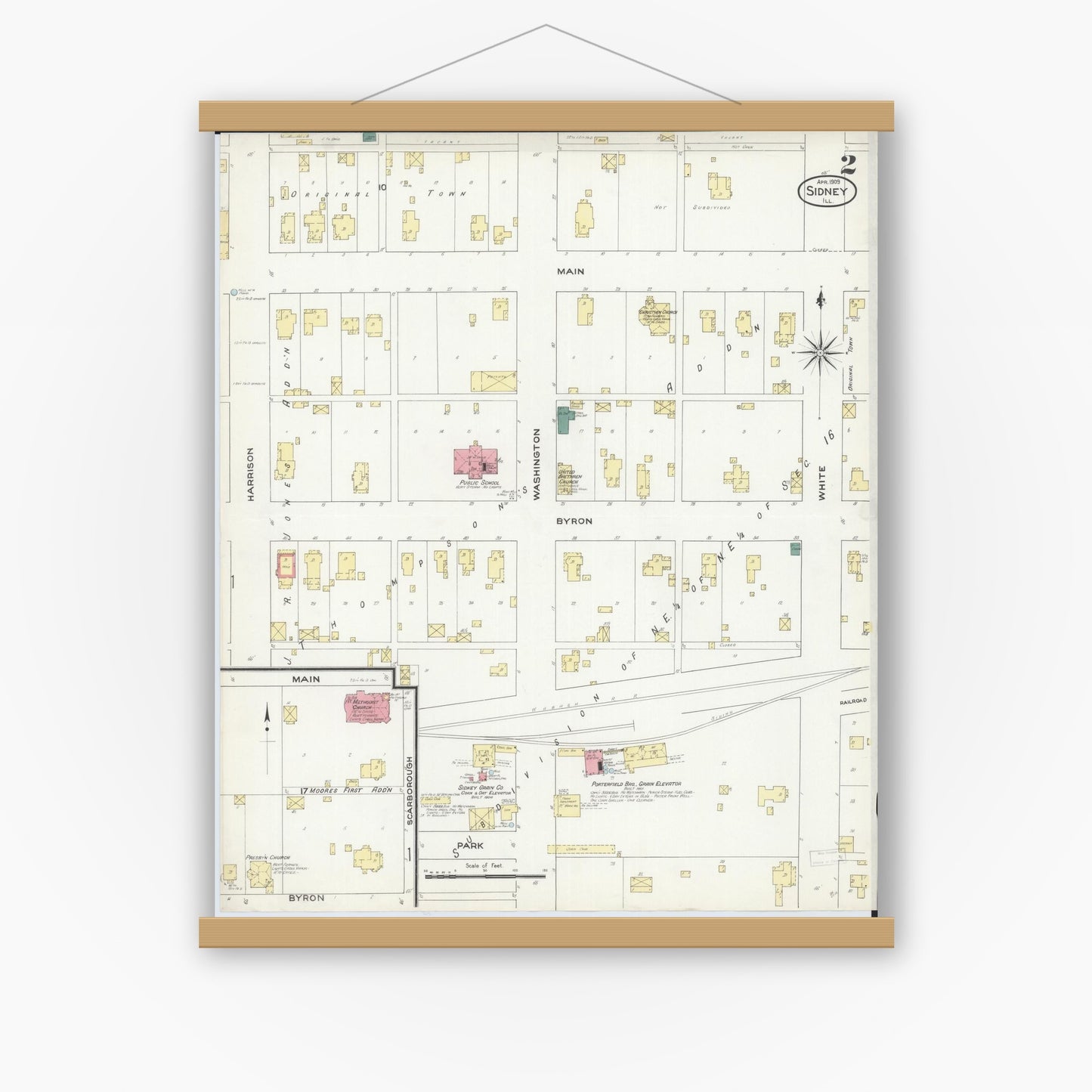 Old map wall art mockup — magnetic wood frame on white wall — Sanborn Fire Insurance Map from Sidney, Champaign County, Illinois (1909), Sheet #0002