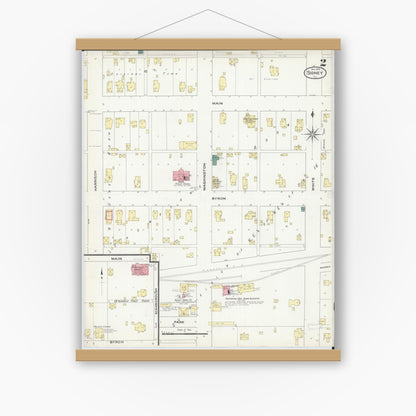 Old map wall art mockup — magnetic wood frame on white wall — Sanborn Fire Insurance Map from Sidney, Champaign County, Illinois (1909), Sheet #0002