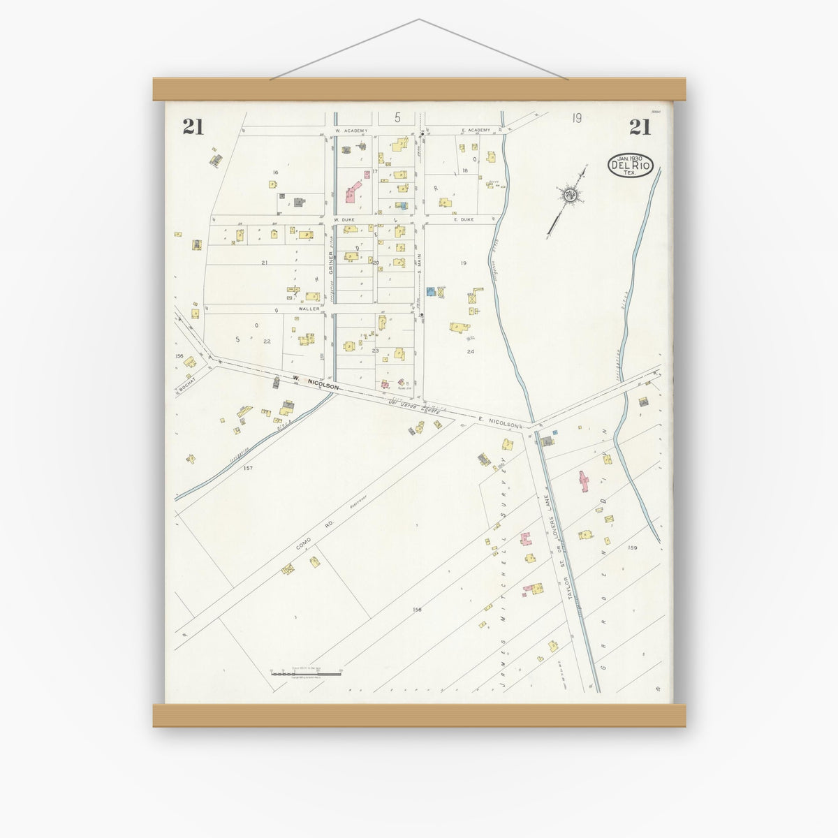 Old map wall art mockup — magnetic wood frame on white wall — Sanborn Fire Insurance Map from Del Rio, Val Verde County, Texas (1930), Sheet #0021