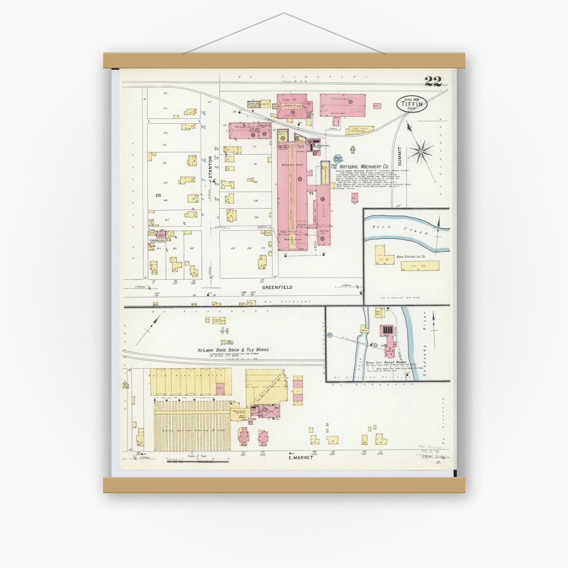Old map wall art mockup — magnetic wood frame on white wall — Sanborn Fire Insurance Map from Tiffin, Seneca County, Ohio (1908), Sheet #0022