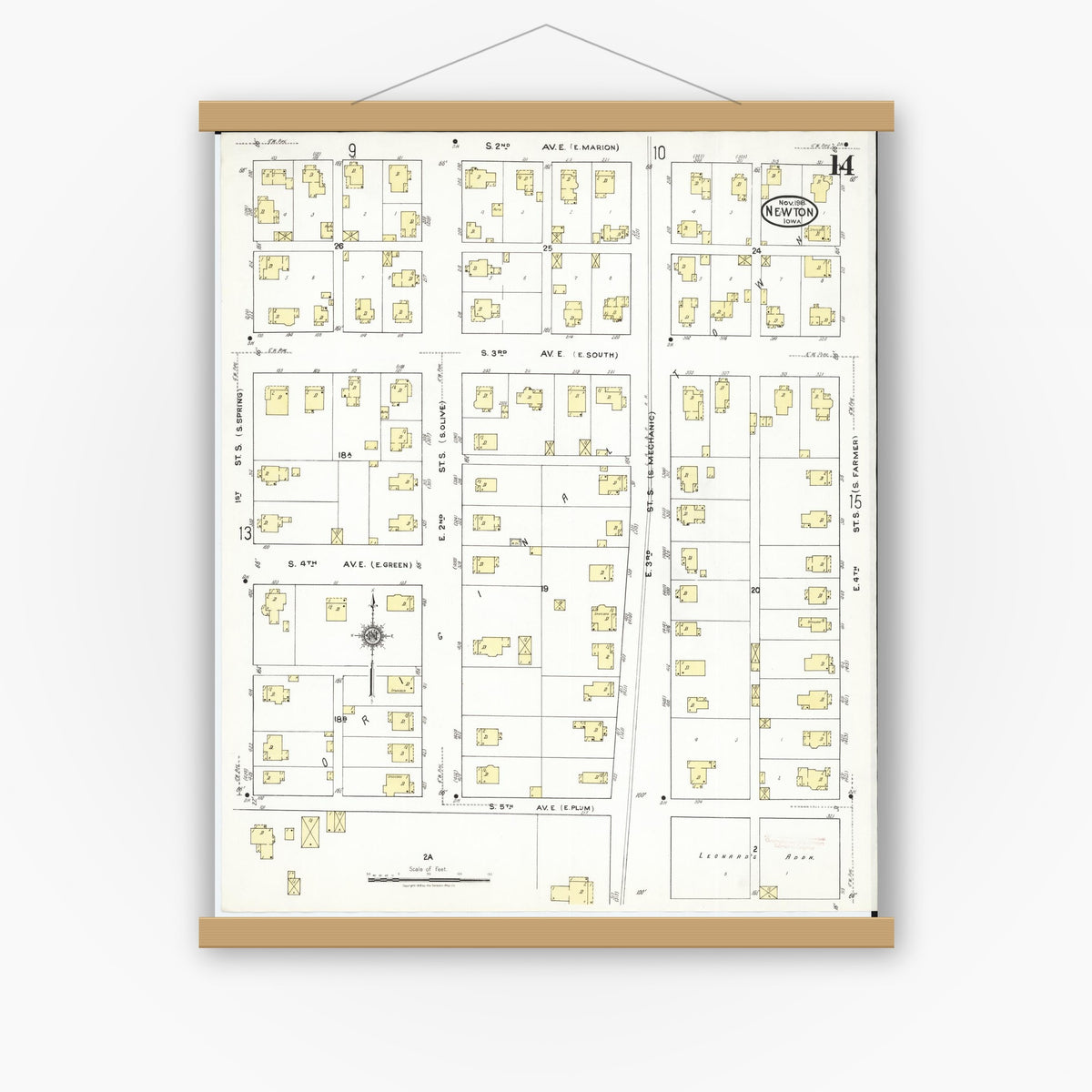 Old map wall art mockup — magnetic wood frame on white wall — Sanborn Fire Insurance Map from Newton, Jasper County, Iowa (1918), Sheet #0014