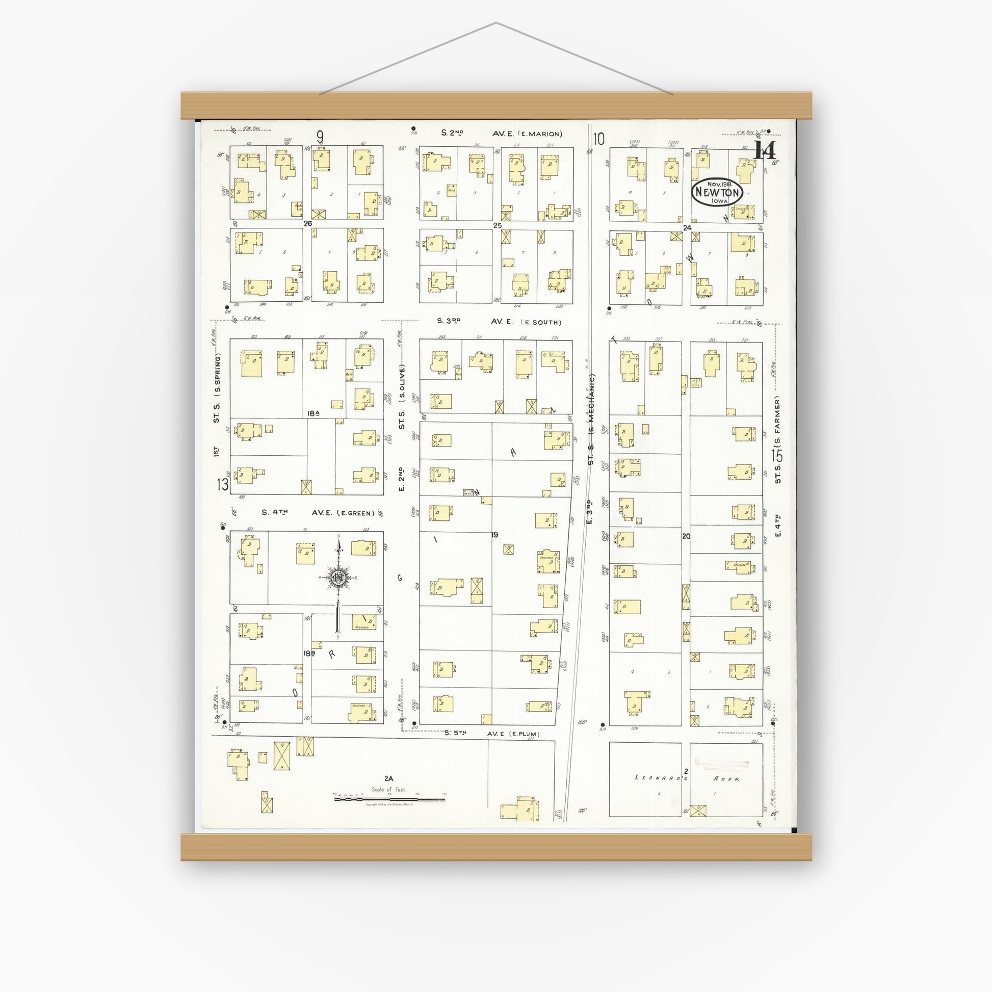 Old map wall art mockup — magnetic wood frame on white wall — Sanborn Fire Insurance Map from Newton, Jasper County, Iowa (1918), Sheet #0014