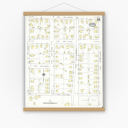 Old map wall art mockup — magnetic wood frame on white wall — Sanborn Fire Insurance Map from Newton, Jasper County, Iowa (1918), Sheet #0014