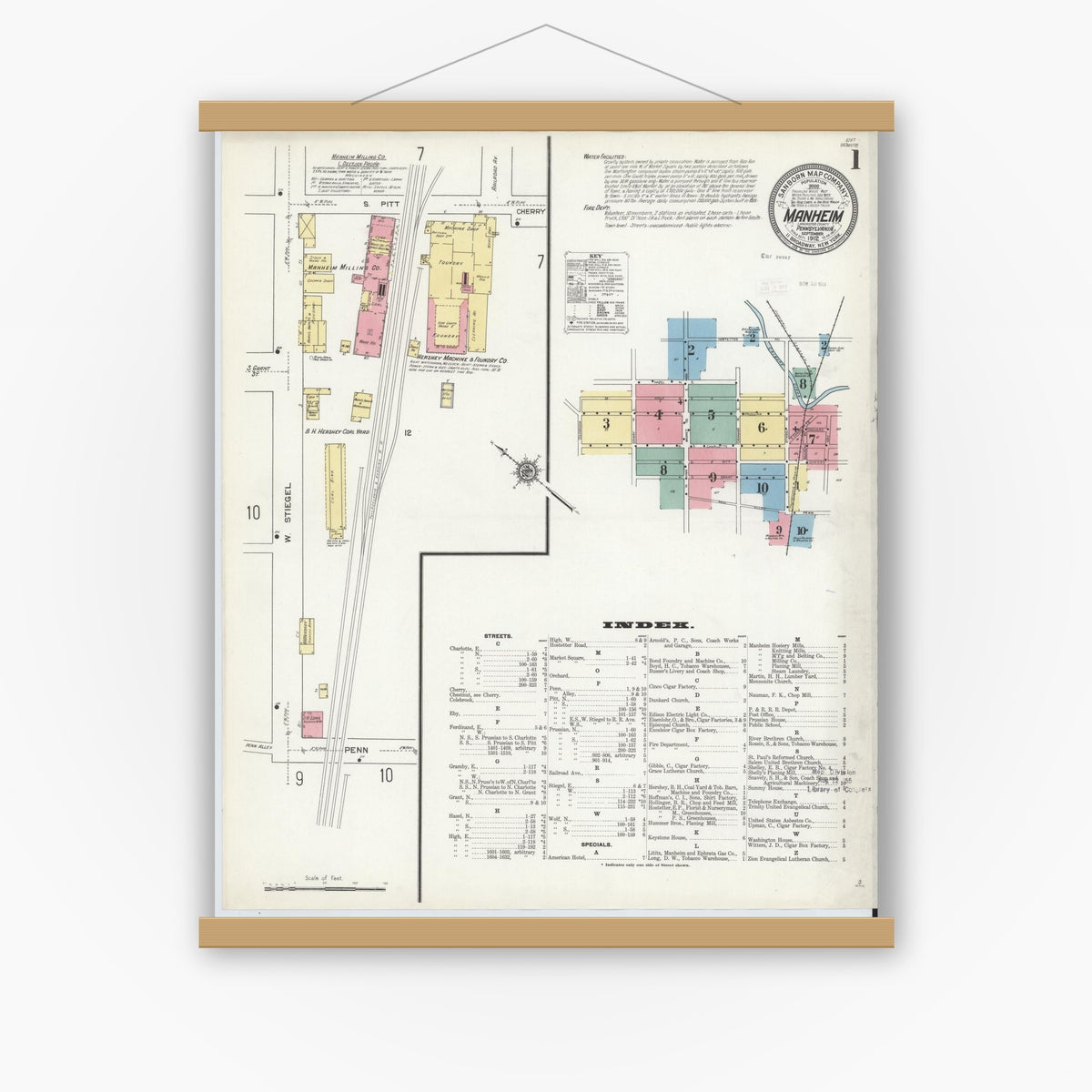 Old map wall art mockup — magnetic wood frame on white wall — Sanborn Fire Insurance Map from Manheim, Lancaster County, Pennsylvania (1912), Sheet #0001